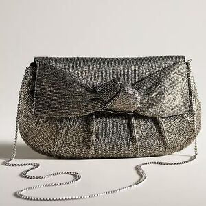 Beaded Bow Silver Evening Clutch By Maeve